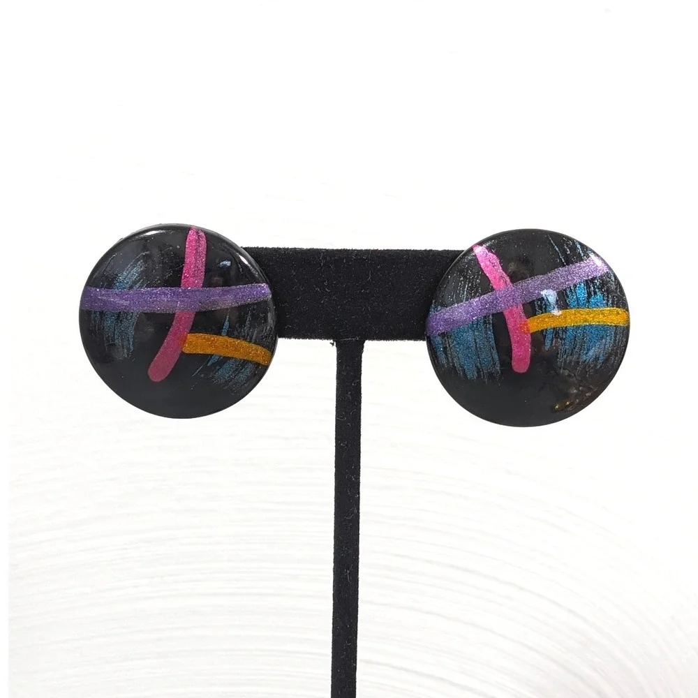 Vintage Y2K Black Acrylic Earrings Neon‎ Stripe Teal Pink Purple Round